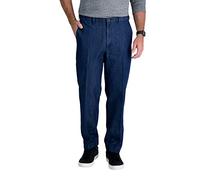 Haggar Men's Stretch Denim Expandable Waist Classic Fit Flat Front Pant, Medium Blue, 38Wx30L
