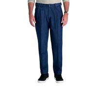 Haggar Men's Stretch Denim Expandable Waist Classic Fit Pleat Front Pant, Medium Blue, 34Wx30L