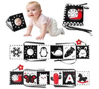 HAGOT Libri di Stoffa Interattivo, Libro Sensoriale per 0-12 Mesi Baby | Libri di Stoffa per Bambini in Bianco e Nero, Double Sided Libri Morbidi con gioco sonoro massaggiagengive e specchio