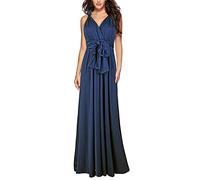 Hahaemma, Abito da donna, elegante, lungo, da sera, con scollo a V, aperto sulla schiena, da damigella d'onore, lungo fino a terra, per ballo, estivo, da spiaggia, Blu scuro, S