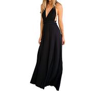 Hahaemma, Abito da donna, elegante, lungo, da sera, con scollo a V, aperto sulla schiena, da damigella d'onore, lungo fino a terra, per ballo, estivo, da spiaggia, Nero , XL