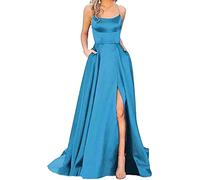 HAHAEMMA - Elegante abito da donna lungo, con tasche, in raso, linea ad A, schiena scoperta, abito da sera, da matrimonio, sexy, con allacciatura al collo, da principessa, damigella d'onore, Blu, XS