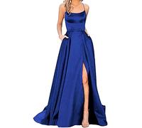 HAHAEMMA - Elegante abito da donna lungo, con tasche, in raso, linea ad A, schiena scoperta, abito da sera, da matrimonio, sexy, con allacciatura al collo, da principessa, damigella d'onore