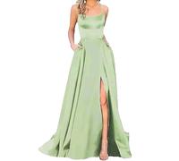 HAHAEMMA - Elegante abito da donna lungo, con tasche, in raso, linea ad A, schiena scoperta, abito da sera, da matrimonio, sexy, con allacciatura al collo, da principessa, damigella d'onore, verde chiaro, XS