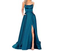 HAHAEMMA - Elegante abito da donna lungo, con tasche, in raso, linea ad A, schiena scoperta, abito da sera, da matrimonio, sexy, con allacciatura al collo, da principessa, damigella d'onore, Blu 1, XS