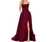 HAHAEMMA - Elegante abito da donna lungo, con tasche, in raso, linea ad A, schiena scoperta, abito da sera, da matrimonio, sexy, con allacciatura al collo, da principessa, damigella d'onore, Vino, M