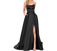 HAHAEMMA - Elegante abito da donna lungo, con tasche, in raso, linea ad A, schiena scoperta, abito da sera, da matrimonio, sexy, con allacciatura al collo, da principessa, damigella d'onore