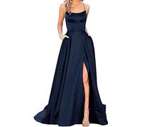 HAHAEMMA Elegante da Donna Lungo con Tasche in Raso, Linea ad A Schiena Scoperta Abito da Sera da Matrimonio Sexy con Allacciatura al Collo da Principessa Damigella d'Onore Blu Scuro L