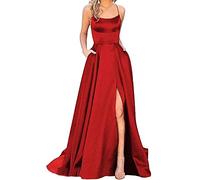 HAHAEMMA Elegante da donna lungo, con tasche, in raso, linea ad A, schiena scoperta, abito da sera, da matrimonio, sexy, con allacciatura al collo, da principessa, damigella d'onore, Colore: rosso, XS