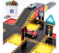hahaland Blocchi Magnetici 64 pezzi, Tessere Magnetiche con Topper Stradali e Auto Giocattoli Magneti Educativo Costruzione Magnetiche Bambini 3 4 5 6 anni Montessori Regalo Ragazzi e Ragazze 3+