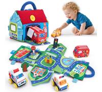 hahaland Giochi Neonato 6 9 12 Mesi - 4 PCS Peluche Macchinine per Bambini con 2 in 1 Borsa & Tappetino da Gioco - Giochi Montessori 1 Anno Regalo per Bimbo Bimba