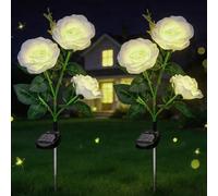 Hahorpa 2 Pezzi Luci Solari da Esterno a Forma di Rosa Bianca per Giardino, Fari da Percorso a Palo con LED Impermeabili IP65, Decorazioni Solari con On/Off Automatico per Giardino, Vialetto, Tomba