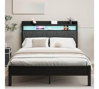 HAHRIR Telaio letto 120 x 200 cm con testiera imbottita in legno con due ripiani, stazione di ricarica, luci a LED, telaio in metallo pesante, non è necessario alcuno boxe, senza rumore, nero