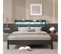 HAHRIR Telaio letto 140 x 200 cm con testiera imbottita in legno con due ripiani, stazione di ricarica, luci a LED, telaio in metallo pesante, non è necessario alcuno boxe, senza rumore, nero