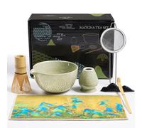 Haiane Set Matcha - 7 Pezzi Kit Cerimonia Completo con Frusta Matcha in Bambù Cucchiaio, Colino, Ciotola, Strofinaccio, Portacucchiaio e Supporto per Frusta - per Regalo Del Compleanno e Natale