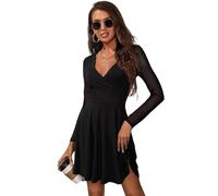 Haibang Vestito Donna Elegante Maniche Lunghe Sexy Mini Abito da Sera Aderente Abiti da Cerimonia con Scollo a V Trasparente Vestiti in Rete Casual Bodycon Dress per Cocktail Party Discoteca Festa