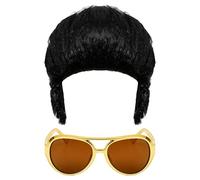 HAICN 2 parrucche da Elvis con occhiali, stile rockstar, leggenda rockstar, accessori per costume da cantante rocker per Halloween, cosplay, cantante rocker