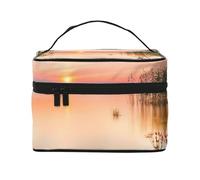 HAICOM Beauty case organizer, grande strada autostradale nel deserto stampato paesaggio borsa cosmetica da viaggio con cerniera per donne e truccatori borsa quadrata portatile, Vista Lago Con Fiori