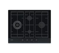 Haier Serie 6 HAVG5D4HB, piastra a gas, 4 fuochi, larghezza 65 cm, comandi centrali, potenza 9,65 kW, 9 livelli di potenza, griglie in ghisa, Preci Flame, design diamante, vetro nero smussato