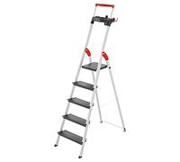 Hailo L100 Topline - Scaletta di sicurezza in alluminio, 5 gradini XXL fino a 150 kg, con staffa di fissaggio estraibile, blocco piattaforma, molti accessori, scala pieghevole in alluminio, made in
