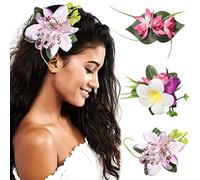 HAIMEIKANG Accessori per capelli con fiori hawaiani, 3 pezzi, forcine per capelli con fiori tropicali artificiali, grandi pezzi per capelli da donna (bianco, rosa, viola)