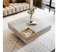 HAINEW Moderno tavolino da salotto quadrato con contenitore estraibile, 72 x 72 x 30 cm, in legno, per soggiorno, camera da letto, grigio cemento e colore legno