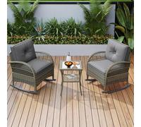 HAINEW Set di 3 mobili da giardino in rattan, per 2 persone, 1 tavolo + 2 sedie a dondolo, set da giardino per verande, cortili, terrazze, balconi, bordi della piscina