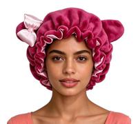 Hair Bonnet, Bear Ear Bow Cap, Soft Tunable Strap Hat, Night Sleep Head Wra | This bear ear pink bow adjustable bonnet gives brides travelers and spa guests soft nighttime protection for hair while sleep