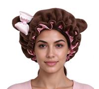 Hair Bonnet, Bear Ear Bow Cap, Soft Tunable Strap Hat, Night Sleep Head Wra | This bear ear pink bow adjustable bonnet gives brides travelers and spa guests soft nighttime protection for hair while sleep