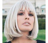 HAIRCUBE Dritto Breve Charming Bob con Bangs Parrucche per Donna Natura Resistente al calore Fibra sintetica Partito/Cosplay/Costume/Parrucca quotidiana (bianco crema)