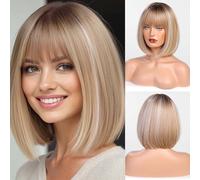 HAIRCUBE Dritto Corto Affascinante Bob con Bangs Parrucche per le Donne Natura Resistente al Calore Fibra Sintetica Partito/Cosplay/Costume/Giornaliero Parrucca (ombre bionde)