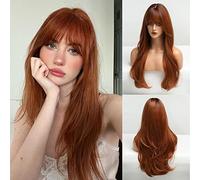HAIRCUBE Long Auburn Parrucca con Bangs Layered Curly Orange Parrucche per Donne Parrucche Sintetiche Naturali per Uso quotidiano (pelucas de cabello naturale)