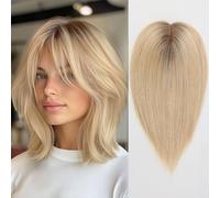 HAIRCUBE ombre Biondo Chiaro Toppers dei capelli con frangia per le donne Remy pezzi dei capelli umani per le donne, 4.5 * 5 pollici Hand-Tied Toppers dei capelli 14 pollici
