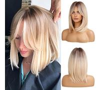 HAIRCUBE, Parrucca bionda da donna, capelli scalati con radici scure, lunghezza fino alle spalle, sintetica e corta, con frangia, per tutti i giorni o cosplay