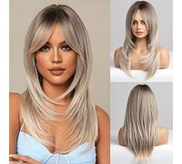 HAIRCUBE Parrucche bionde grigie per le donne, lunghi strati Ombre parrucche con parrucche in fibra sintetica resistente al calore di Bangs (pelucas de cabello naturale)