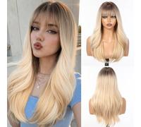 HAIRCUBE Perruca ombré bionda con mèches per donna con frangia, lunga ondulata naturale in fibra sintetica resistente al calore, per uso quotidiano, feste e cosplay, 22 pollici