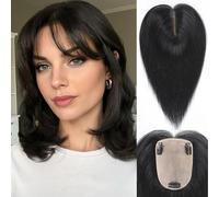 HAIRCUBE Topper per capelli da donna, 10,2 x 14 cm, veri capelli umani, 30,5 cm, nero naturale, con frangia, per donne con radici grigie che si assottigliano o coprono