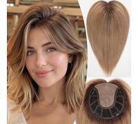 HAIRCUBE Topper per capelli umani al 100% da donna, 17,8 x 17,8 cm, grande copertura, biondo cenere ombré, senza frangia, per donne, con copertura per capelli sottili, radici grigie