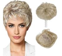 HairTopper per Donna Bob Corto con Frangia e Riga Laterale Copertura 3D a 360° 16,5x16,5 cm Pezzi di Parrucchino Sintetico Aspetto Naturale Parrucca per Capelli Diradati (Biondo)
