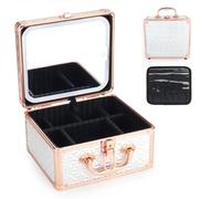 HAISKY Custodia per trucchi, custodia da viaggio con specchio magnetico a LED, organizer impermeabile per cosmetici con divisore regolabile, 3 modalità di colore, bianco scintillante