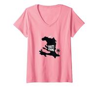 Haiti Strong - Grafica dell'isola Tropicale dell'orgoglio haitiano Maglietta con Collo a V, Donna, Rosa, L