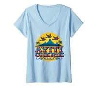 Haitian Pride Ayiti Cherie Arte nel Paradiso Tropicale Maglietta con Collo a V, Donna, Celeste, M