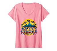 Haitian Pride Ayiti Cherie Arte nel Paradiso Tropicale Maglietta con Collo a V, Donna, Rosa, S