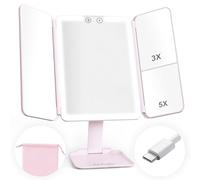 Hajer Specchio trucco rosa luminoso a LED Baby Pink + custodia per il trasporto, ingrandimento 1X/3X/5X, 3 modalità, touch e ricaricabile USB-C con batteria al litio. Portatile e pieghevole da viaggio