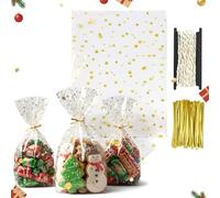 HAKACC Sacchetti con fondo a forma di stelle, 100 pezzi oro OPP sacchetti di Natale, sacchetti per biscotti, biscotti, sacchetti per pasticceria, con nastro dorato e cordino
