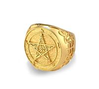 Hakfeeo Pentagram Ring for Men - Baphomet Goat & Leviathan Cross Satanic Symbol - Stainless Steel Devil Occult Jewelry