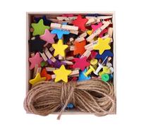 HAKIDZEL 57 Pezzi Mollette in Legno a Stella Piccole per Foto e Note Corda | Pino e Corda, Fissaggio Multifunzione, Confezione Corda da 10m e Chiodi senza Tracce Colore Casuale