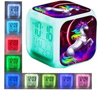 Hakie Sveglie digitali Unicorno Multicolore Cubo LCD LED Notte Orologio da Comodino Regali di Compleanno Natale per Bambini Adulto (A)