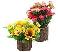 HAKZEON 2 fiori artificiali in vaso, piante finte in vaso di legno, margherita artificiale decorativa e girasoli artificiali per interni e decorazioni per la casa