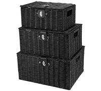 HAKZEON - Set di 3 Cestini Portaoggetti Nero?Cestini Portaoggetti con Coperchio Cestini in Resina Cesto in Vimini con Coperchio e Serratura Impilabili in Tessuto a Mano per Riporlo